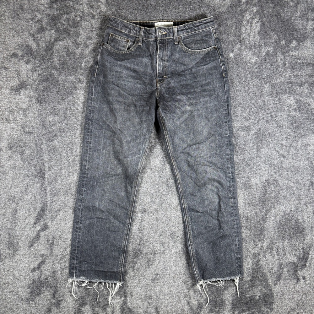 Topshop Straight Leg Jeans W28 L30 Washed Black Raw Hem High Rise 02N01SWBK